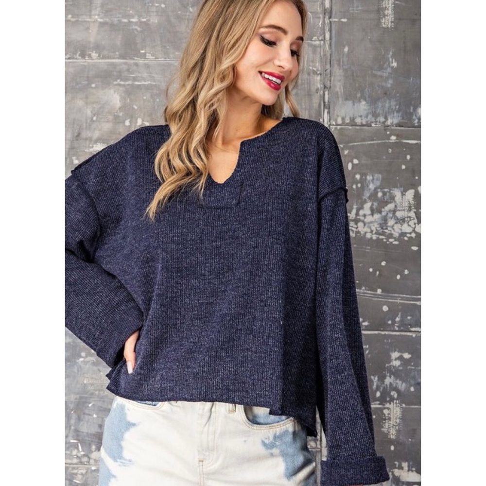 Navy Ribbed Top Fall V-Neck Soft Casual Top Blue Boho Tops